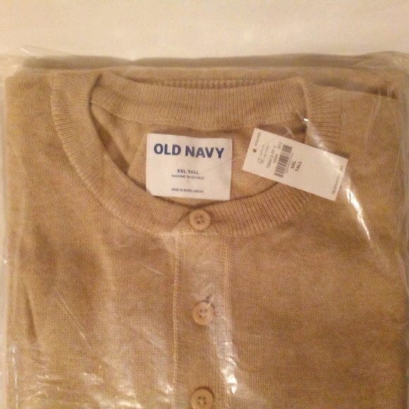 Henley Sweater: (3) Button. Crewneck. Long Sleeve.  Cotton Blend. Tan - Picture 4 of 6